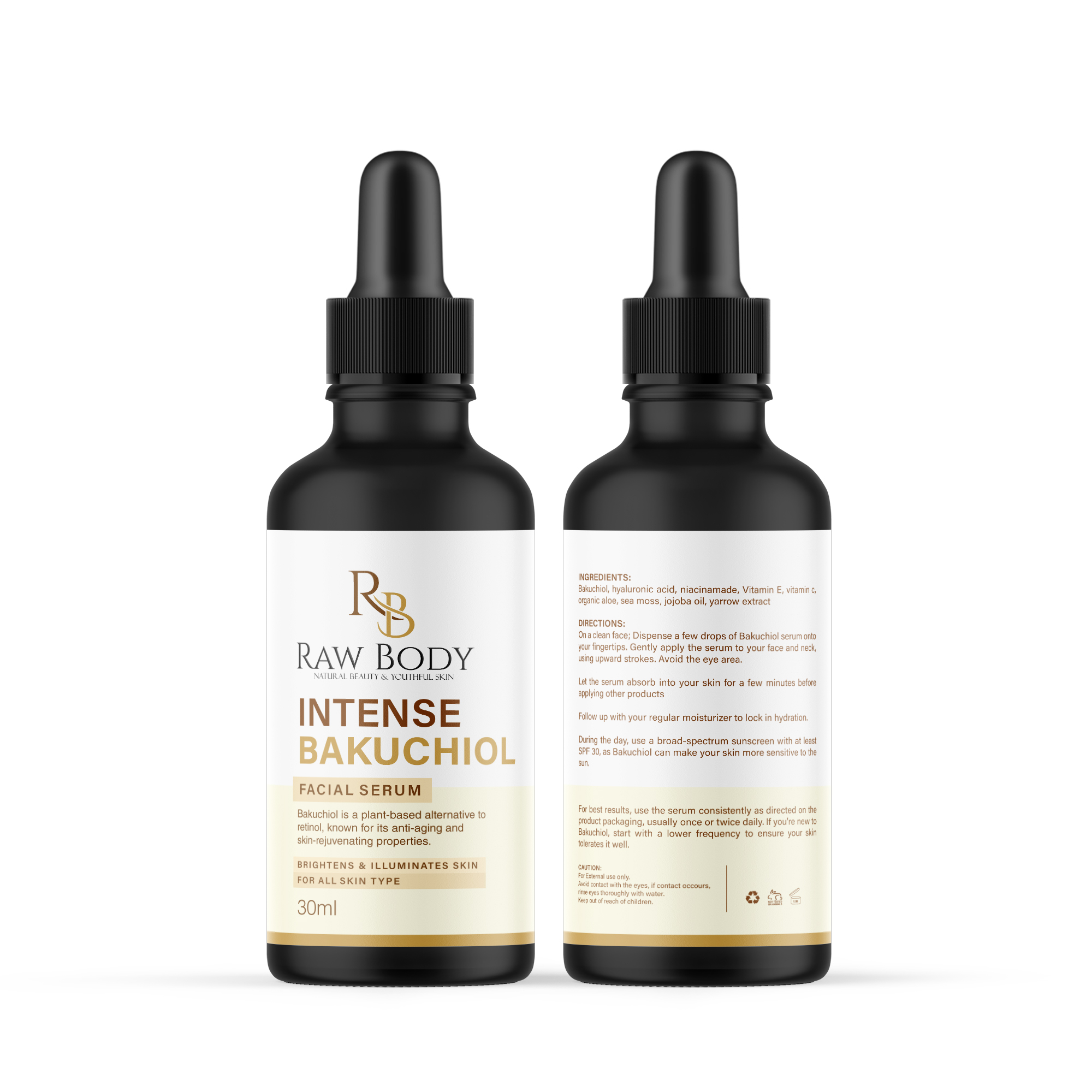 Raw Body Intense Bakuchiol Facial Serum, front and back of bottle