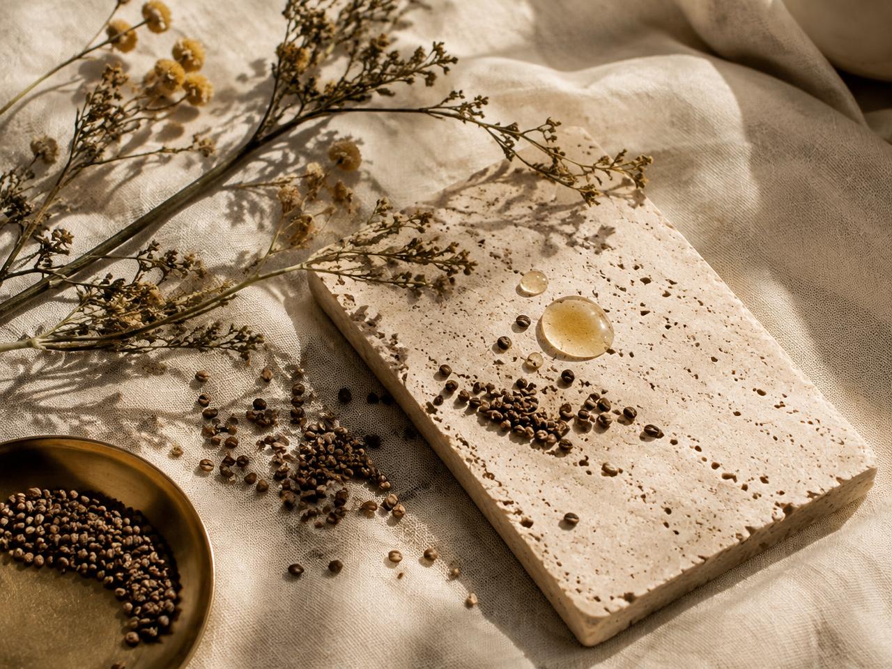 Botanical seeds and serum droplets on travertine